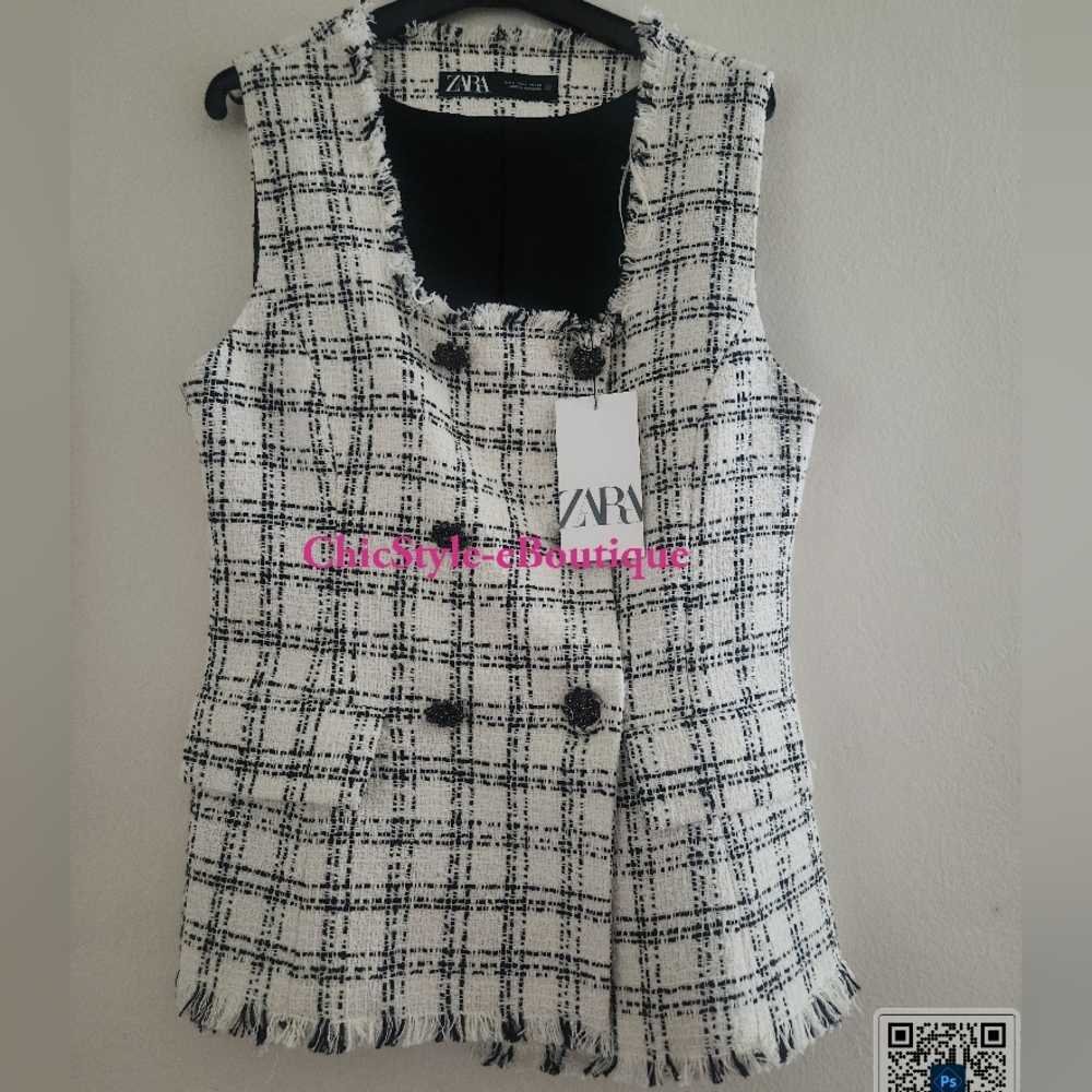 ZARA Textured Plaid Waistcoat Vest Ecru/black BNWT. - Picture 2 of 16